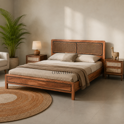 Nami Bed | Solid Mango Wood & Rattan Cane Platform Bed