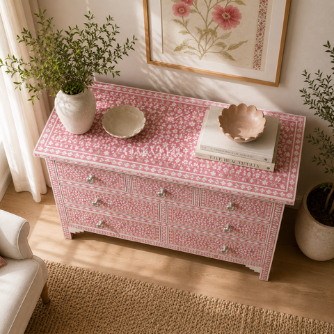 Pink Floral Bone Inlay 7-Drawer Dresser
