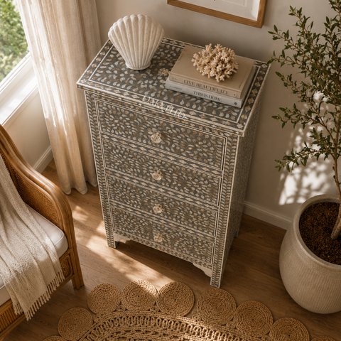Bone Inlay Floral Slim Tallboy Chest – Grey