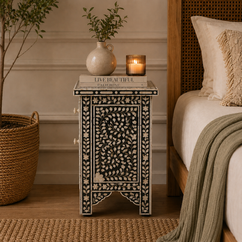 Midnight Bloom Bone Inlay Bedside Table