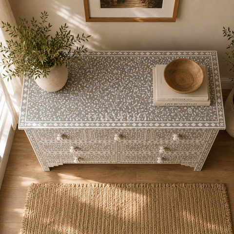 Grey Floral Bone Inlay 7-Drawer Chest of Drawers
