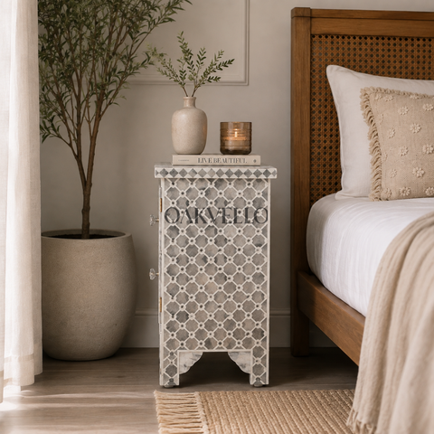 Silver Star Shell Inlay Bedside Table with Double Drawers