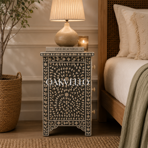 Charcoal Floral Vine Bone Inlay Bedside Table with Three Drawers
