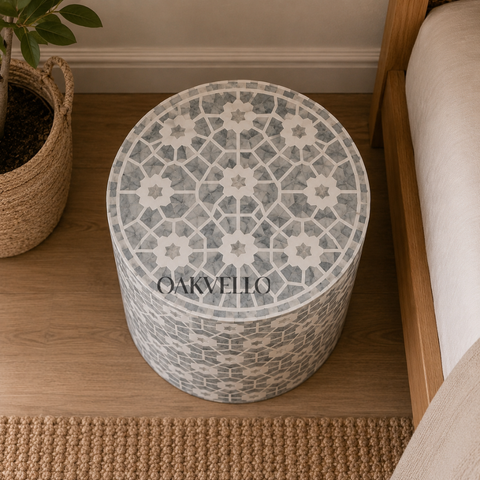Pearl Star Bone Inlay Round Bedside Table