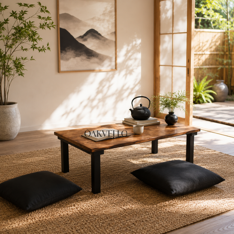 Mori Low Table | Solid Wood Floor Dining Table with Metal Legs