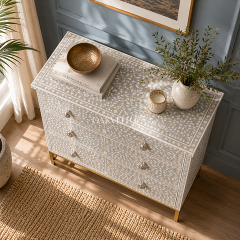 Bone Inlay Floral 3-Drawer Dresser – White & Grey