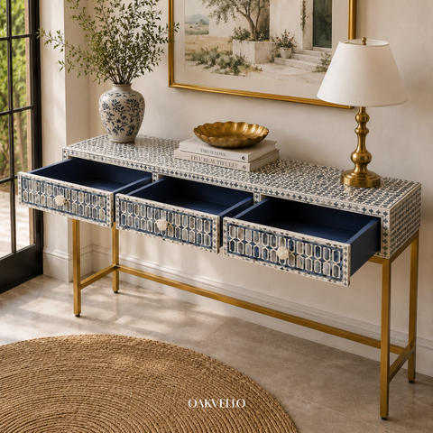 Bone Inlay Geometric 3-Drawer Console Table – Grey & White
