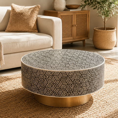 Round Bone Inlay Geometric Diamond Coffee Table | Black & White | 90cm
