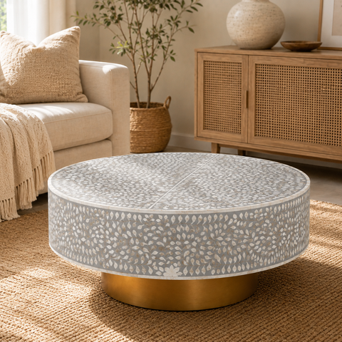 Round Bone Inlay Floral Coffee Table with Brass Gold Base