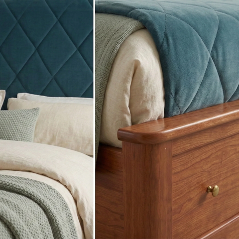 Caspian Solid Teak Wood Bed | Premium Upholstered Headboard – Oakvello