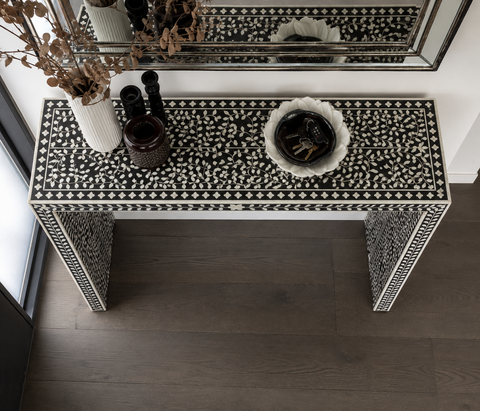 Black Bone Inlay Console Table | Handcrafted Heritage Entryway Furniture – Oakvello