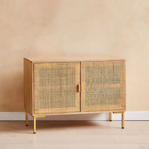 Rattan Webbed Solid Wood Sideboard | Boho Living Room Storage Cabinet – Oakvello
