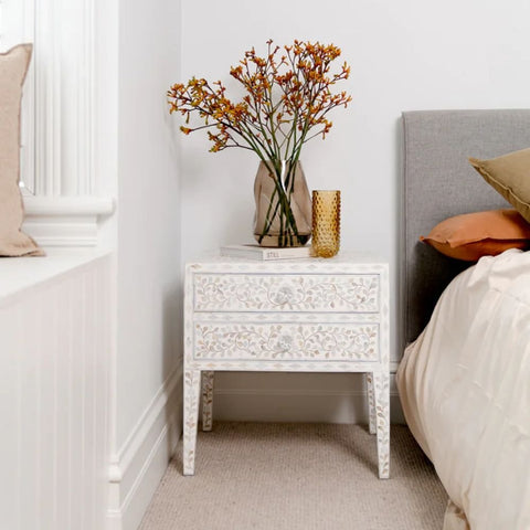 Floral Mother of Pearl 2-Drawer Bedside Table | Handcrafted Artisan Nightstand – Oakvello