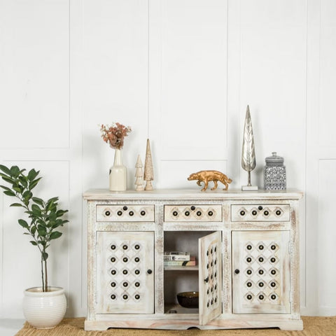 White Solid Sheesham Wood Sideboard | Painted Living Room Storage Cabinet – Oakvello