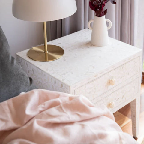 Jaipuri White Floral Bone Inlay 2-Drawer Bedside Table | Handcrafted Nightstand – Oakvello
