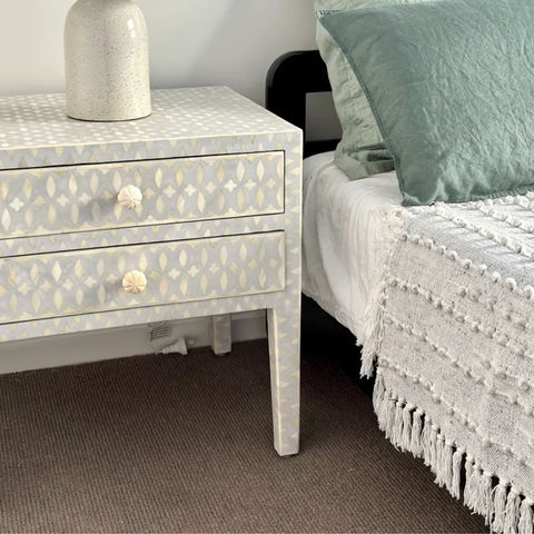 Jaipuri Grey Lattice Bone Inlay Bedside Table | Handcrafted Nightstand – Oakvello