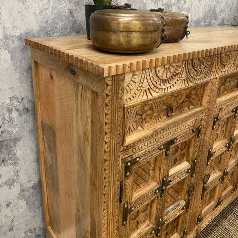 Carved Solid Mango Wood Sideboard | Handcrafted Living Room Storage – Oakvello