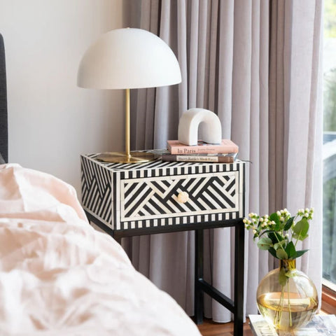 Jaipuri Bone Inlay Bedside Table with Steel Legs | Handcrafted Nightstand – Oakvello