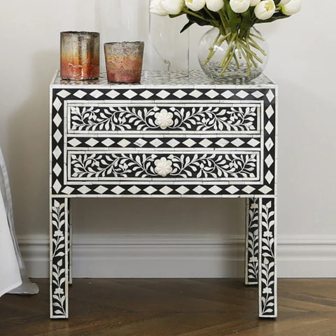 Ajmeri Black Floral Bone Inlay 2-Drawer Bedside Table – Oakvello
