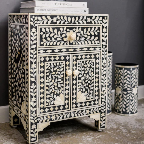 Ajmeri Black Floral Bone Inlay Bedside Table with Cabinet – Oakvello