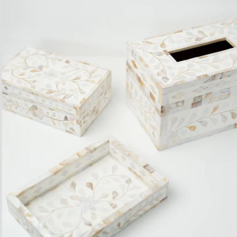 Ajmeri White Floral Mother of Pearl Inlay Tray | Handcrafted Decor – Oakvello