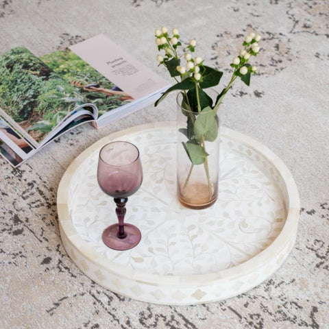 White Floral Bone Inlay Round Tray | Handcrafted Artisan Decorative Accessory – Oakvello