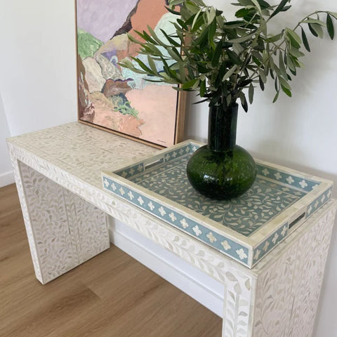 Dusty Blue Floral Bone Inlay Decorative Tray | Handcrafted Artisan Accessory – Oakvello
