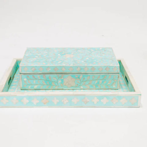 Aqua Green Floral Bone Inlay Decorative Tray | Handcrafted Artisan Accessory – Oakvello