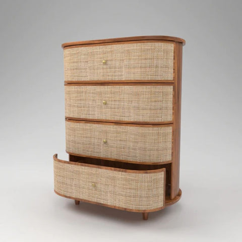 Curved Rattan Chest of Drawers | Boho Solid Wood Bedroom Dresser – Oakvello