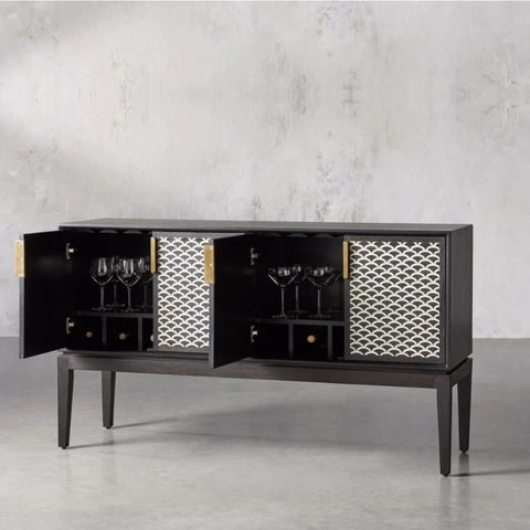 Jaipuri Black Bone Inlay Bar Cabinet | Handcrafted Home Bar Storage – Oakvello