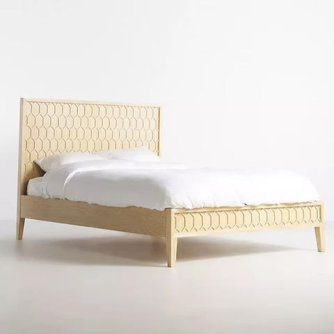 Carved Trellis Textured Solid Wood Bed | Handcrafted Heritage Bedroom Furniture – Oakvello