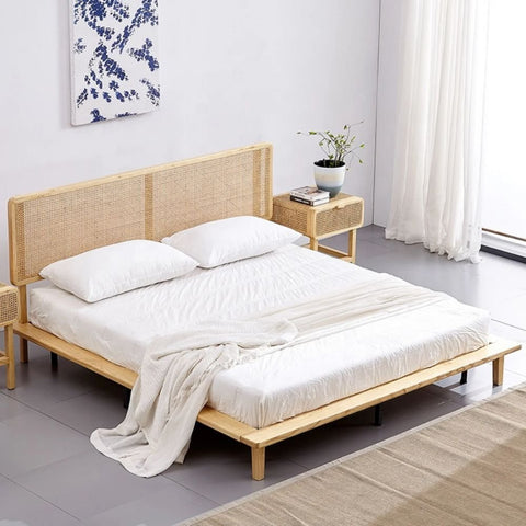 Ajmer Solid Wood Cane Rattan Bed | Handcrafted Bedroom Furniture – Oakvello