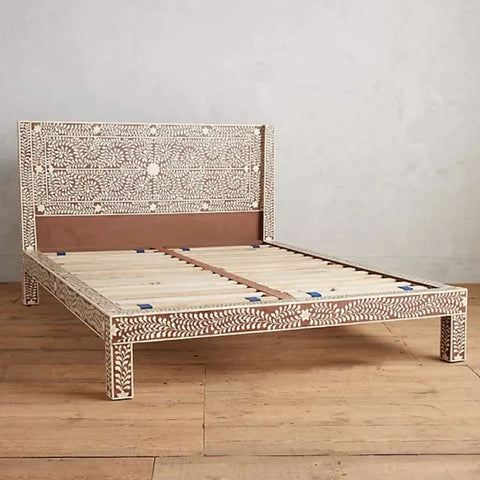 Brown Bone Inlay Solid Wood Bed | Handcrafted Luxury Bedroom Furniture – Oakvello