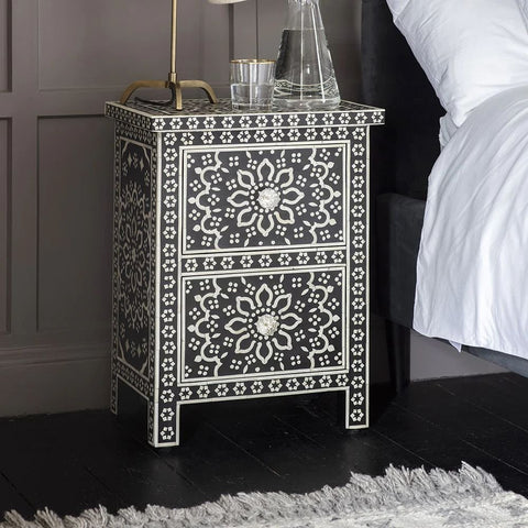 Ajmeri Black Bone Inlay Bedside Table | Handcrafted Nightstand – Oakvello