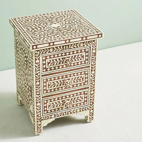 Jaipuri Floral Bone Inlay 3-Drawer Bedside Table | Handcrafted Nightstand – Oakvello