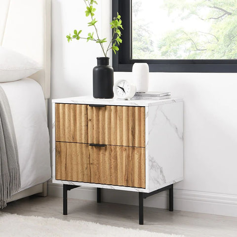 Marble Effect 2-Drawer Bedside Table | Solid Wood Luxury Nightstand – Oakvello