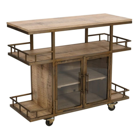 Jodhpuri Natural Wood Wine Trolley with Double Door Storage | Home Bar – Oakvello