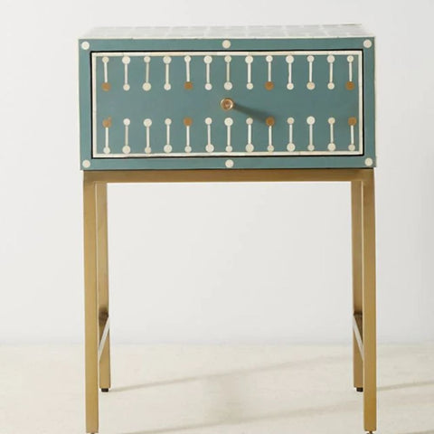 Ajmeri Dark Green Bone Inlay Bedside Table | Artisan Nightstand – Oakvello