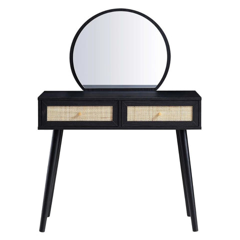 Black Rattan Dressing Table with Mirror | Boho Bedroom Vanity Furniture – Oakvello