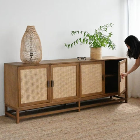 4-Door Natural Wood Sideboard | Solid Wood Living Room Storage – Oakvello