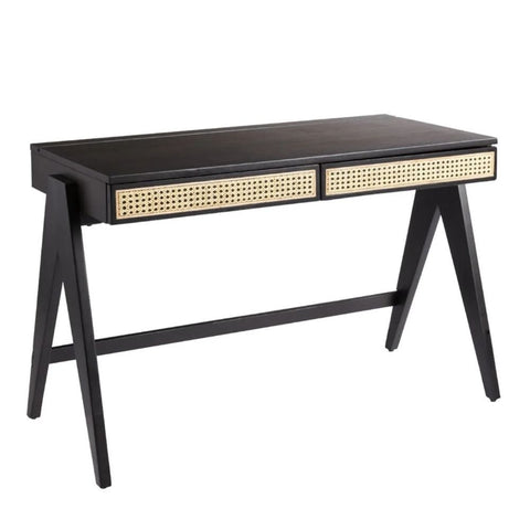 Rattan & Solid Wood Study Desk | Boho Home Office Writing Table – Oakvello