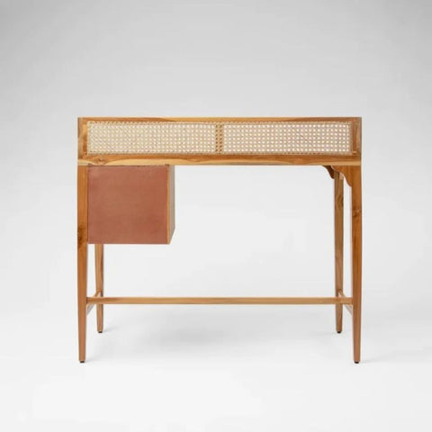 Jodhpuri Teak Wood & Cane Study Table | Handcrafted Home Office Desk – Oakvello