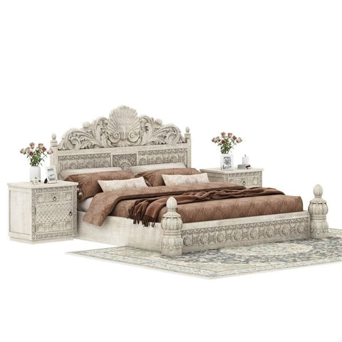 Indian Hand Carved Solid Wood Bed | Heritage Handcrafted Bedroom Furniture – Oakvello