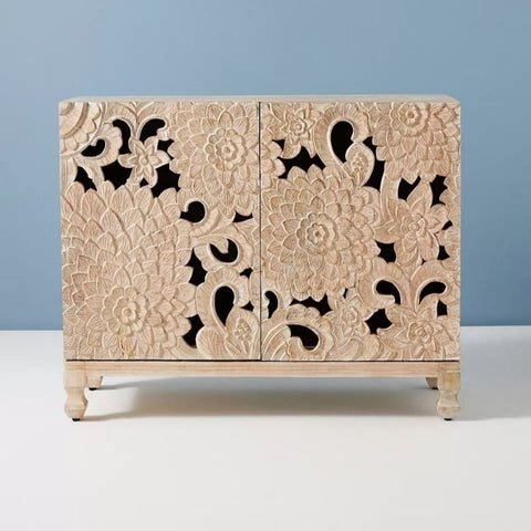 Hand Carved Solid Wood Entryway Cabinet | Artisan Hallway Storage – Oakvello