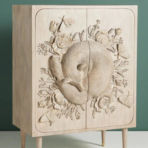 Hand Carved Land & Sky Bar Cabinet | Fox Design Solid Wood – Oakvello