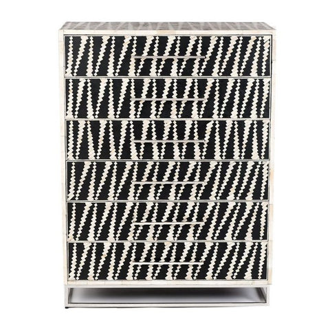 Jaipuri Black & White Bone Inlay 6-Drawer Chest | Artisan Bedroom Dresser – Oakvello
