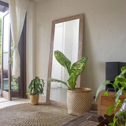 Hand Carved Natural Wash Solid Wood Mirror | Artisan Wall Decor – Oakvello