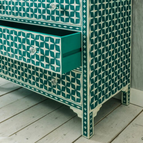 Green Star Design Bone Inlay 3-Drawer Chest | Handcrafted Artisan Bedroom Storage – Oakvello