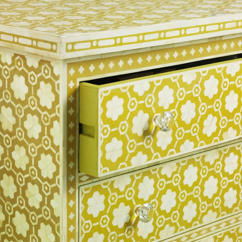 Yellow Floral Bone Inlay 3-Drawer Chest | Handcrafted Artisan Bedroom Storage – Oakvello