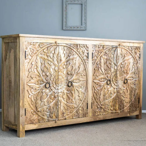 Hand Carved Artisanal Solid Wood Sideboard | Handcrafted Living Room Storage – Oakvello